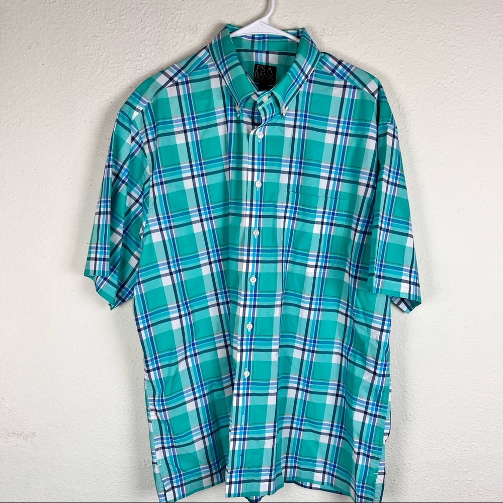 Jos A Bank Spring green plaid s/s button up shirt-Classic Collection-XL